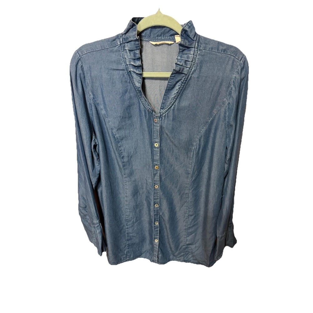 Soft Surroundings Blue Chambray Ruffle-Trim Button Front Blouse